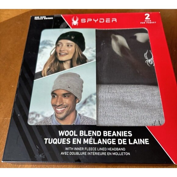 Spyder 2pk Unisex Wool Blend Beanie Winter Hats Grey & Black One Size Fits Most - Picture 3 of 4